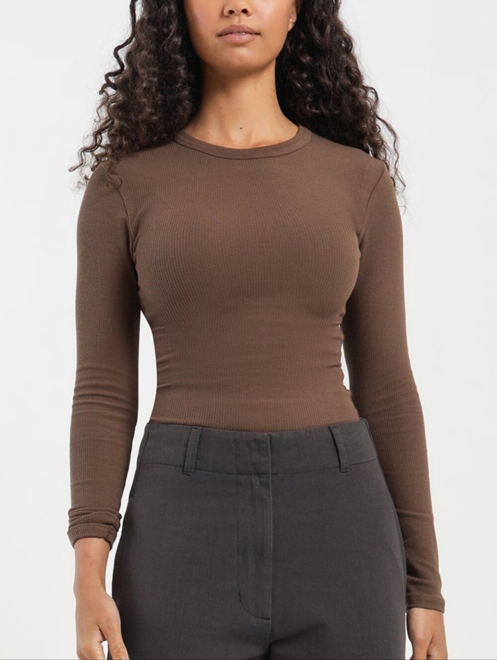 Nude Lucy Womens Cola Brown Organic Ribbed Long Sleeve T-Shirt Size Small